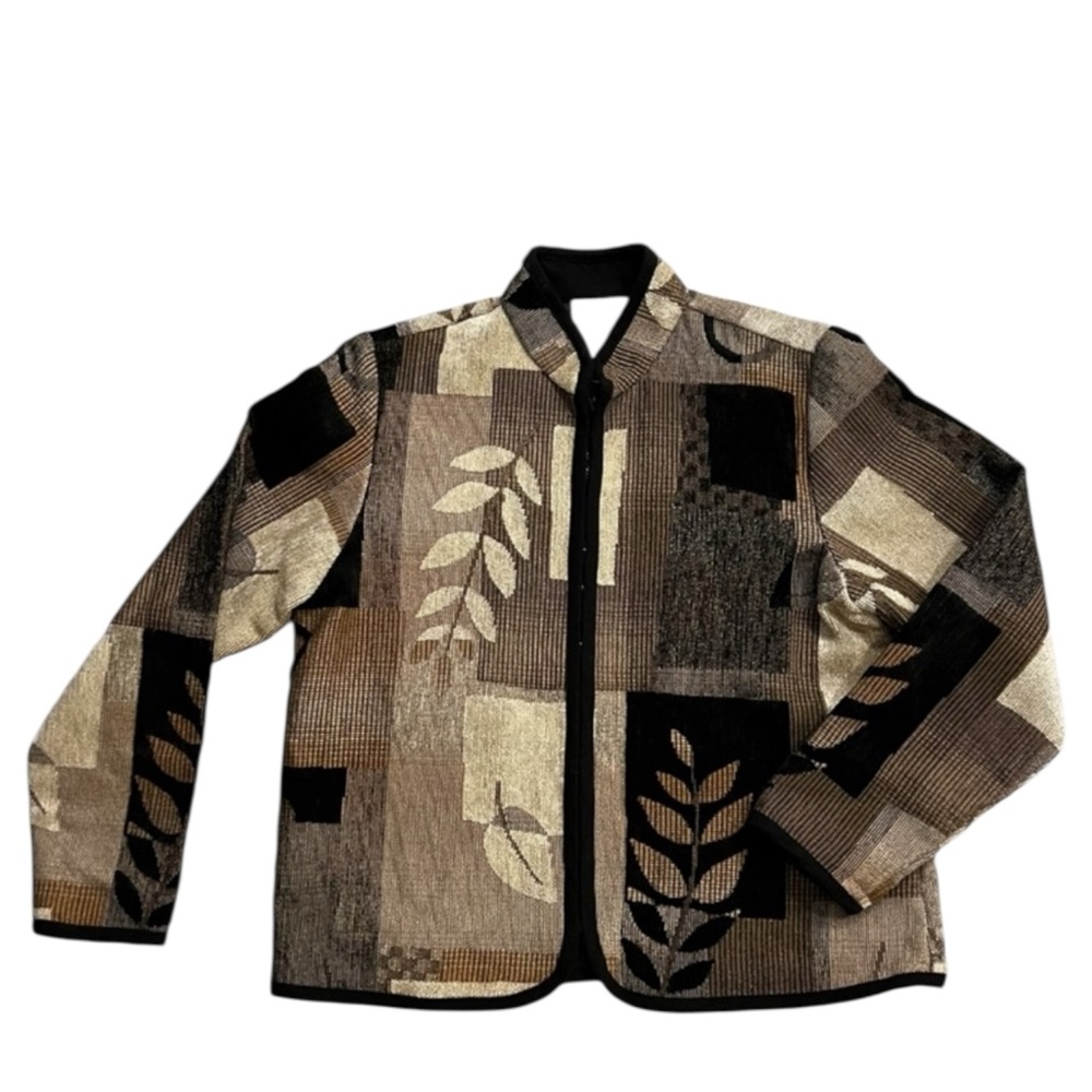 COLDWATER CREEK Patchwork Leaf Pattern Jacket in Brown/Tan/Cream/Black Size L - Picture 2 of 6